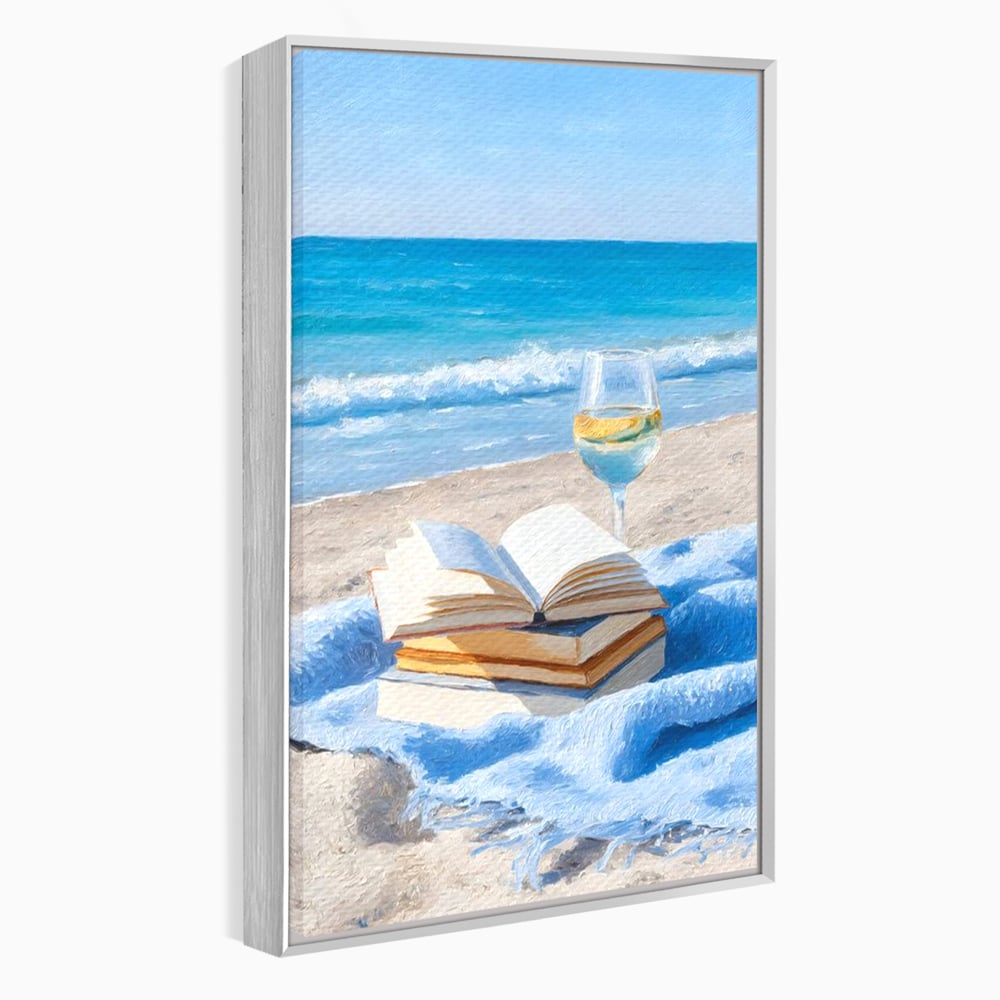 Tablou Canvas Premium, LuxCanva® N1087, Lectura pe Valuri, Carti, Pagini, Nisip, Mare, Ocean, Plaja, Vin Alb, Relaxare, Vacanta, Bautura, Pub, Bar, Lounge, Restaurant, Bucatarie