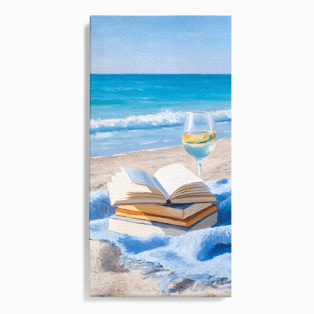 Tablou Canvas Premium, LuxCanva® N1087, Lectura pe Valuri, Carti, Pagini, Nisip, Mare, Ocean, Plaja, Vin Alb, Relaxare, Vacanta, Bautura, Pub, Bar, Lounge, Restaurant, Bucatarie
