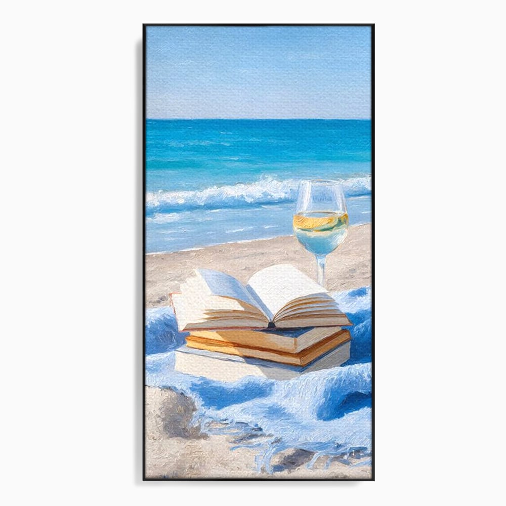 Tablou Canvas Premium, LuxCanva® N1087, Lectura pe Valuri, Carti, Pagini, Nisip, Mare, Ocean, Plaja, Vin Alb, Relaxare, Vacanta, Bautura, Pub, Bar, Lounge, Restaurant, Bucatarie