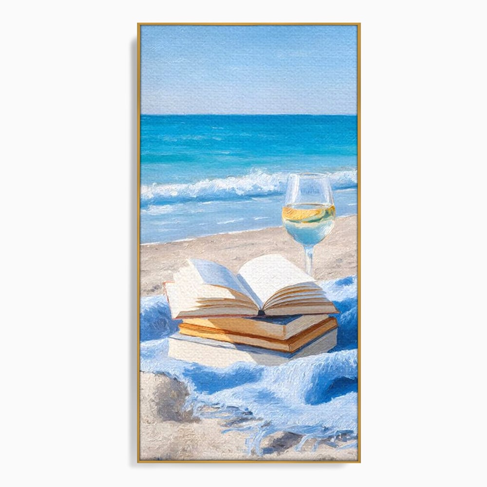 Tablou Canvas Premium, LuxCanva® N1087, Lectura pe Valuri, Carti, Pagini, Nisip, Mare, Ocean, Plaja, Vin Alb, Relaxare, Vacanta, Bautura, Pub, Bar, Lounge, Restaurant, Bucatarie