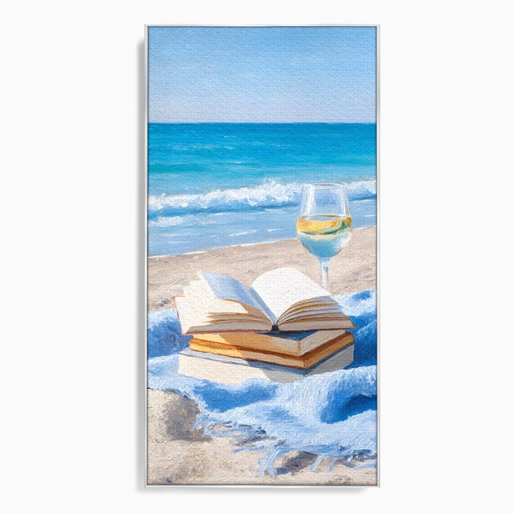 Tablou Canvas Premium, LuxCanva® N1087, Lectura pe Valuri, Carti, Pagini, Nisip, Mare, Ocean, Plaja, Vin Alb, Relaxare, Vacanta, Bautura, Pub, Bar, Lounge, Restaurant, Bucatarie