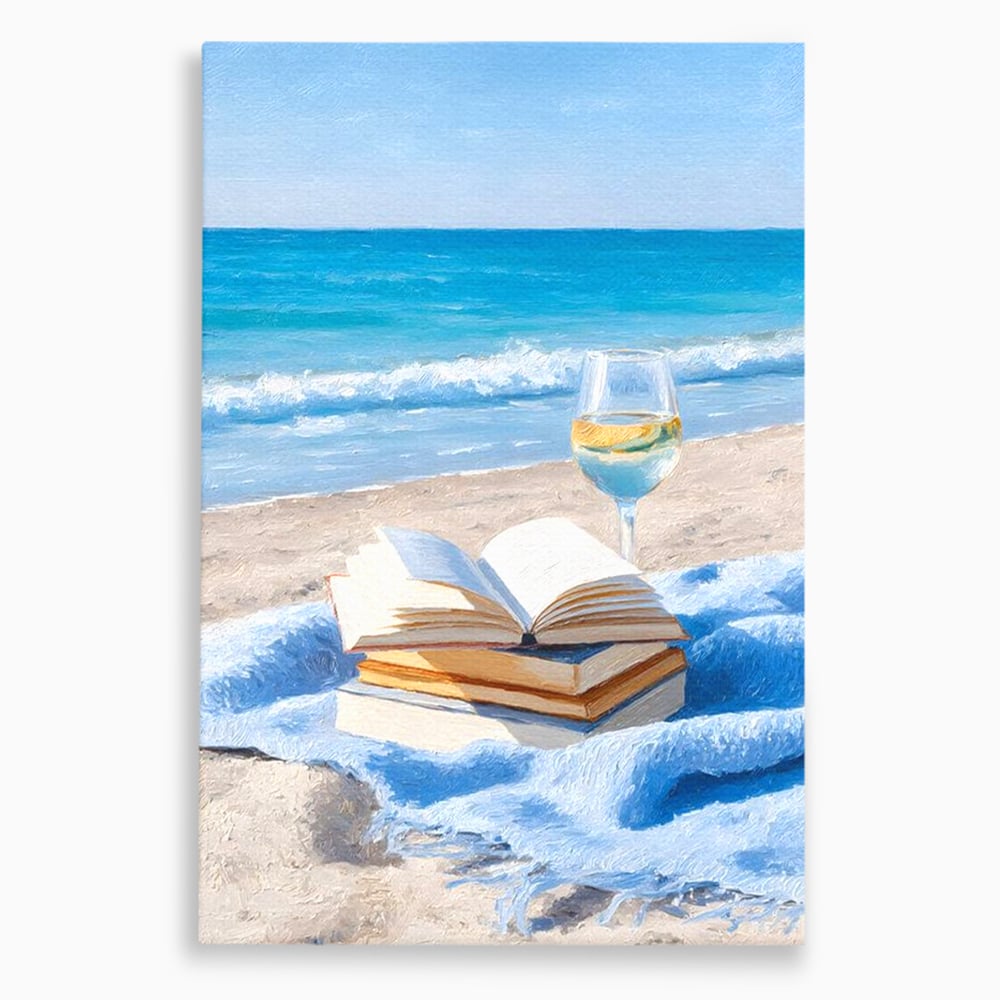 Tablou Canvas Premium, LuxCanva® N1087, Lectura pe Valuri, Carti, Pagini, Nisip, Mare, Ocean, Plaja, Vin Alb, Relaxare, Vacanta, Bautura, Pub, Bar, Lounge, Restaurant, Bucatarie