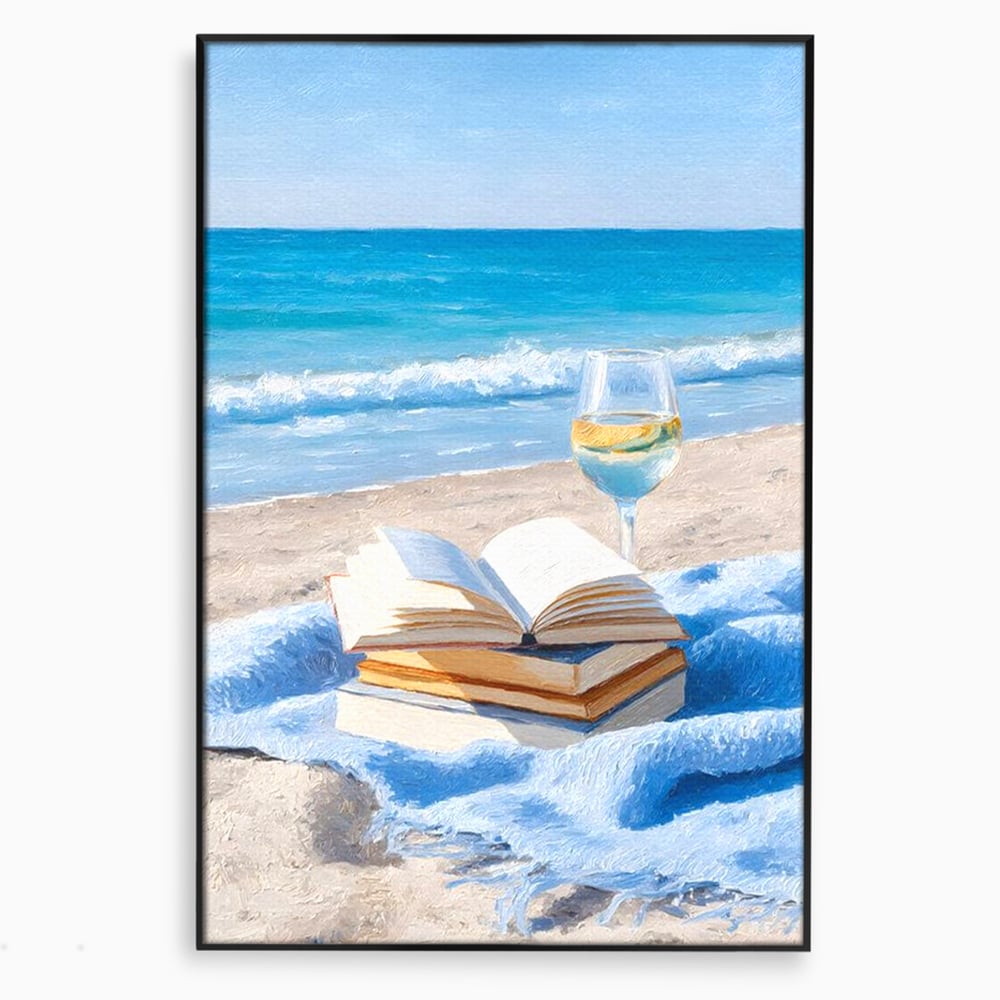 Tablou Canvas Premium, LuxCanva® N1087, Lectura pe Valuri, Carti, Pagini, Nisip, Mare, Ocean, Plaja, Vin Alb, Relaxare, Vacanta, Bautura, Pub, Bar, Lounge, Restaurant, Bucatarie