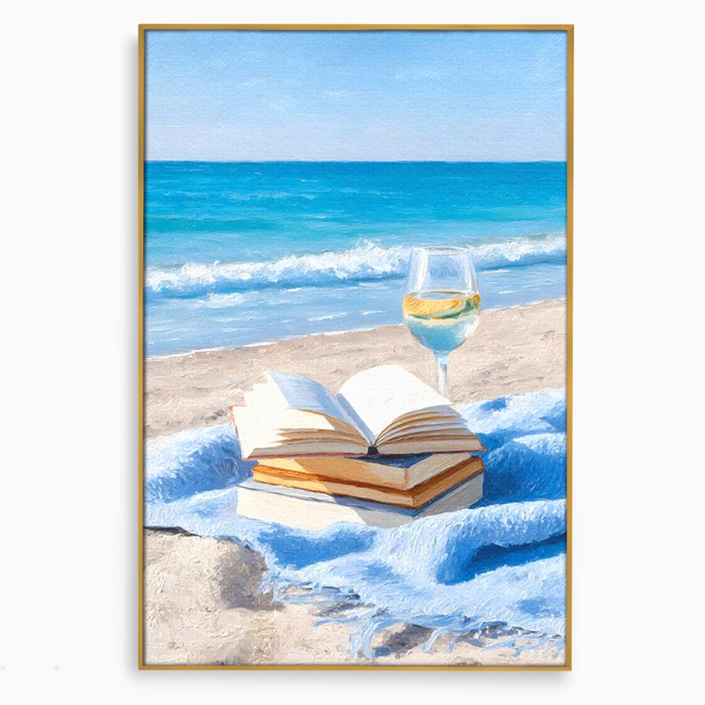 Tablou Canvas Premium, LuxCanva® N1087, Lectura pe Valuri, Carti, Pagini, Nisip, Mare, Ocean, Plaja, Vin Alb, Relaxare, Vacanta, Bautura, Pub, Bar, Lounge, Restaurant, Bucatarie