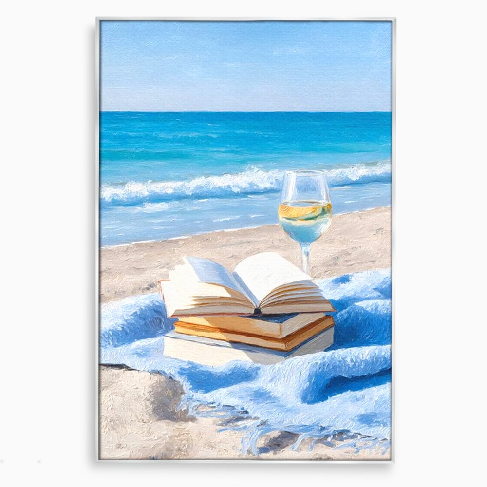 Tablou Canvas Premium, LuxCanva® N1087, Lectura pe Valuri, Carti, Pagini, Nisip, Mare, Ocean, Plaja, Vin Alb, Relaxare, Vacanta, Bautura, Pub, Bar, Lounge, Restaurant, Bucatarie