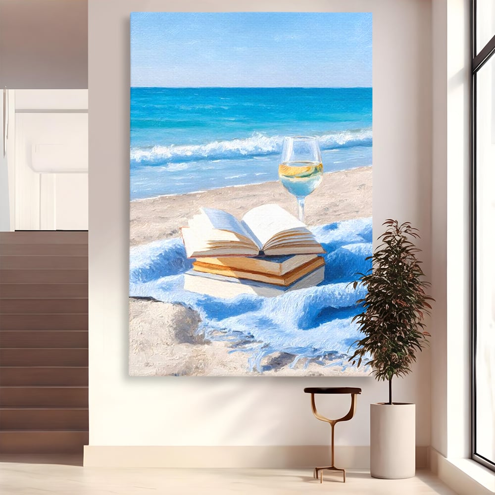 Tablou Canvas Premium, LuxCanva® N1087, Lectura pe Valuri, Carti, Pagini, Nisip, Mare, Ocean, Plaja, Vin Alb, Relaxare, Vacanta, Bautura, Pub, Bar, Lounge, Restaurant, Bucatarie