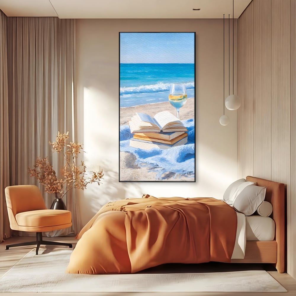 Tablou Canvas Premium, LuxCanva® N1087, Lectura pe Valuri, Carti, Pagini, Nisip, Mare, Ocean, Plaja, Vin Alb, Relaxare, Vacanta, Bautura, Pub, Bar, Lounge, Restaurant, Bucatarie