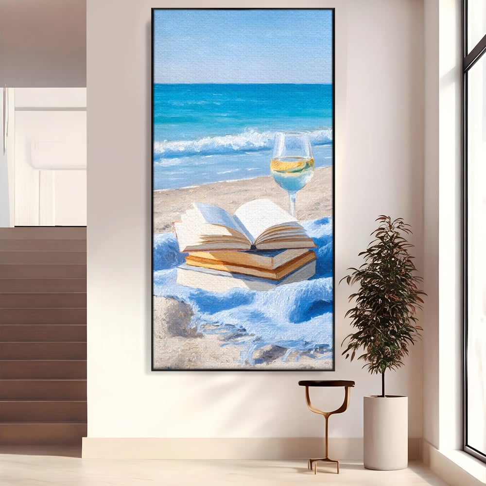 Tablou Canvas Premium, LuxCanva® N1087, Lectura pe Valuri, Carti, Pagini, Nisip, Mare, Ocean, Plaja, Vin Alb, Relaxare, Vacanta, Bautura, Pub, Bar, Lounge, Restaurant, Bucatarie
