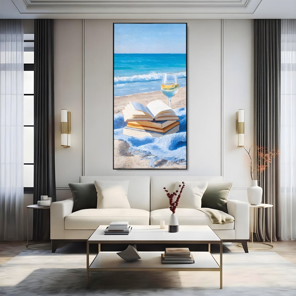 Tablou Canvas Premium, LuxCanva® N1087, Lectura pe Valuri, Carti, Pagini, Nisip, Mare, Ocean, Plaja, Vin Alb, Relaxare, Vacanta, Bautura, Pub, Bar, Lounge, Restaurant, Bucatarie