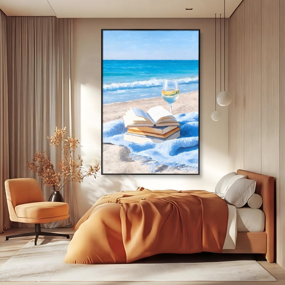 Tablou Canvas Premium, LuxCanva® N1087, Lectura pe Valuri, Carti, Pagini, Nisip, Mare, Ocean, Plaja, Vin Alb, Relaxare, Vacanta, Bautura, Pub, Bar, Lounge, Restaurant, Bucatarie