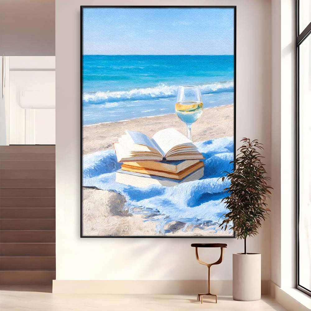Tablou Canvas Premium, LuxCanva® N1087, Lectura pe Valuri, Carti, Pagini, Nisip, Mare, Ocean, Plaja, Vin Alb, Relaxare, Vacanta, Bautura, Pub, Bar, Lounge, Restaurant, Bucatarie