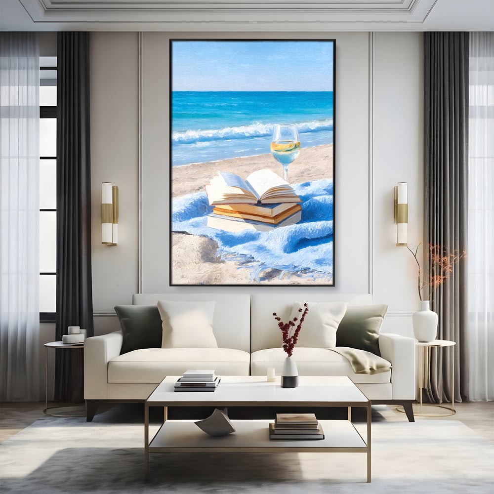 Tablou Canvas Premium, LuxCanva® N1087, Lectura pe Valuri, Carti, Pagini, Nisip, Mare, Ocean, Plaja, Vin Alb, Relaxare, Vacanta, Bautura, Pub, Bar, Lounge, Restaurant, Bucatarie