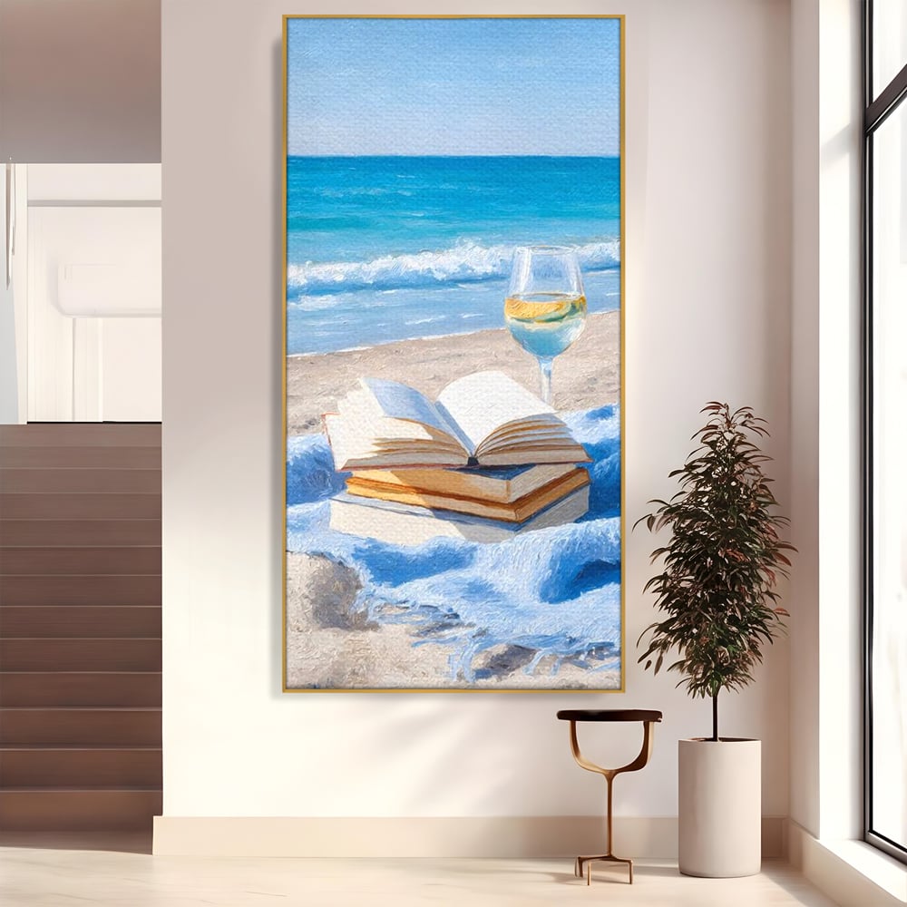 Tablou Canvas Premium, LuxCanva® N1087, Lectura pe Valuri, Carti, Pagini, Nisip, Mare, Ocean, Plaja, Vin Alb, Relaxare, Vacanta, Bautura, Pub, Bar, Lounge, Restaurant, Bucatarie