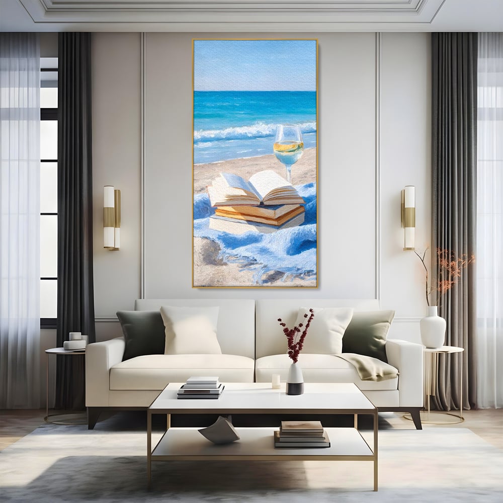 Tablou Canvas Premium, LuxCanva® N1087, Lectura pe Valuri, Carti, Pagini, Nisip, Mare, Ocean, Plaja, Vin Alb, Relaxare, Vacanta, Bautura, Pub, Bar, Lounge, Restaurant, Bucatarie
