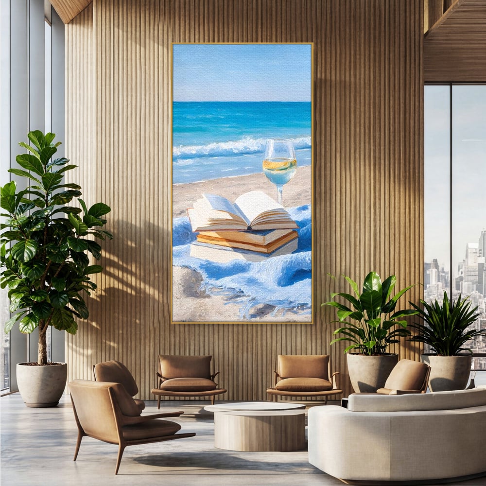 Tablou Canvas Premium, LuxCanva® N1087, Lectura pe Valuri, Carti, Pagini, Nisip, Mare, Ocean, Plaja, Vin Alb, Relaxare, Vacanta, Bautura, Pub, Bar, Lounge, Restaurant, Bucatarie