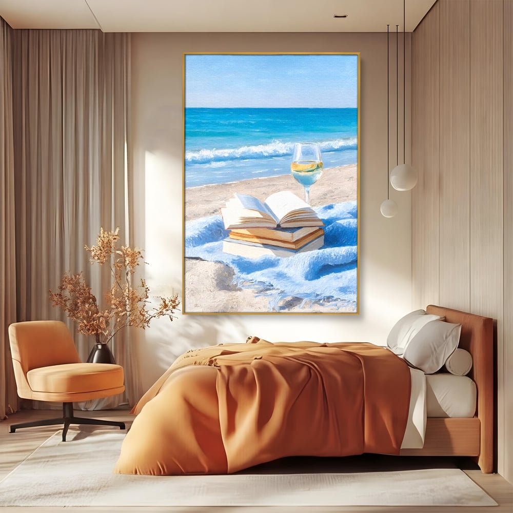 Tablou Canvas Premium, LuxCanva® N1087, Lectura pe Valuri, Carti, Pagini, Nisip, Mare, Ocean, Plaja, Vin Alb, Relaxare, Vacanta, Bautura, Pub, Bar, Lounge, Restaurant, Bucatarie