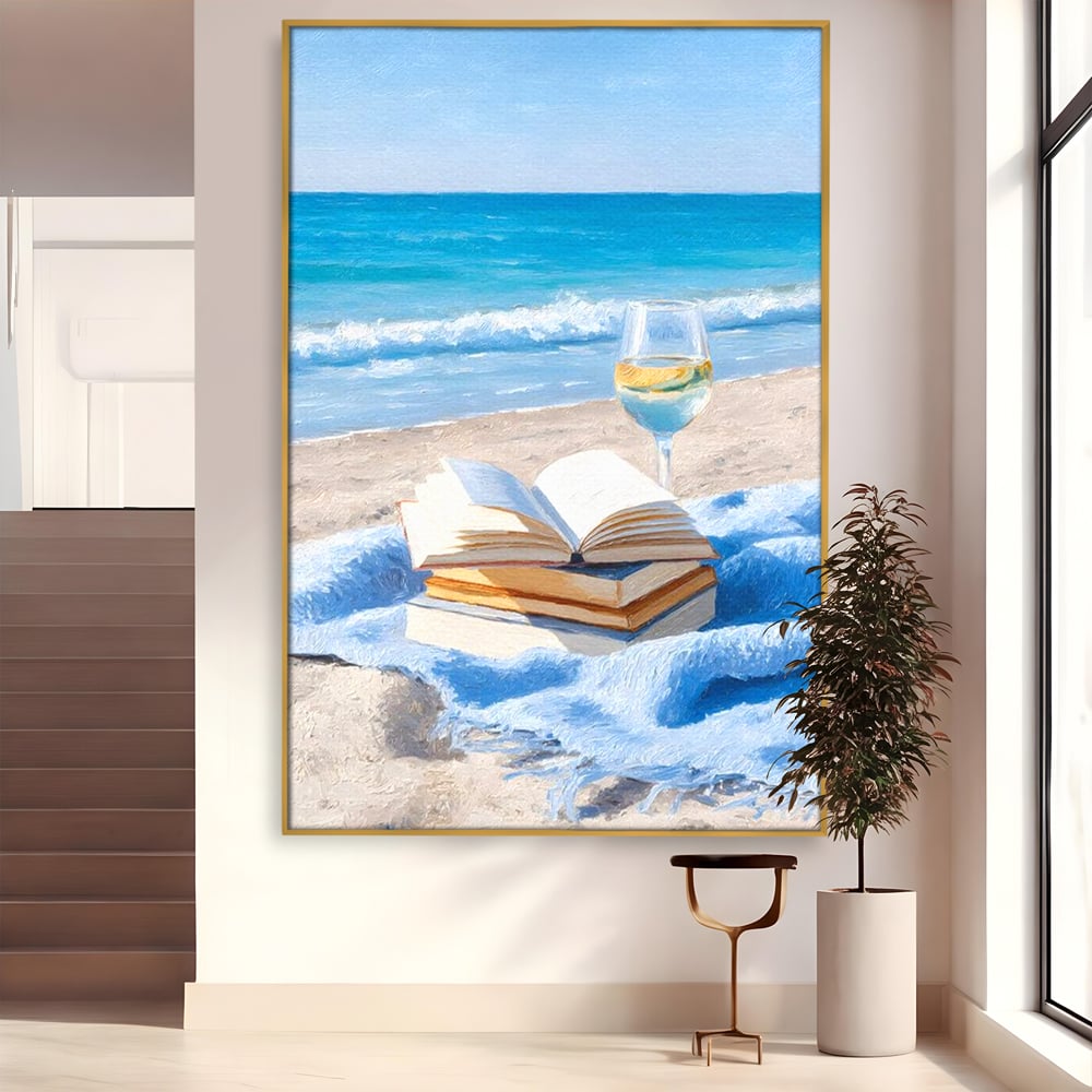 Tablou Canvas Premium, LuxCanva® N1087, Lectura pe Valuri, Carti, Pagini, Nisip, Mare, Ocean, Plaja, Vin Alb, Relaxare, Vacanta, Bautura, Pub, Bar, Lounge, Restaurant, Bucatarie