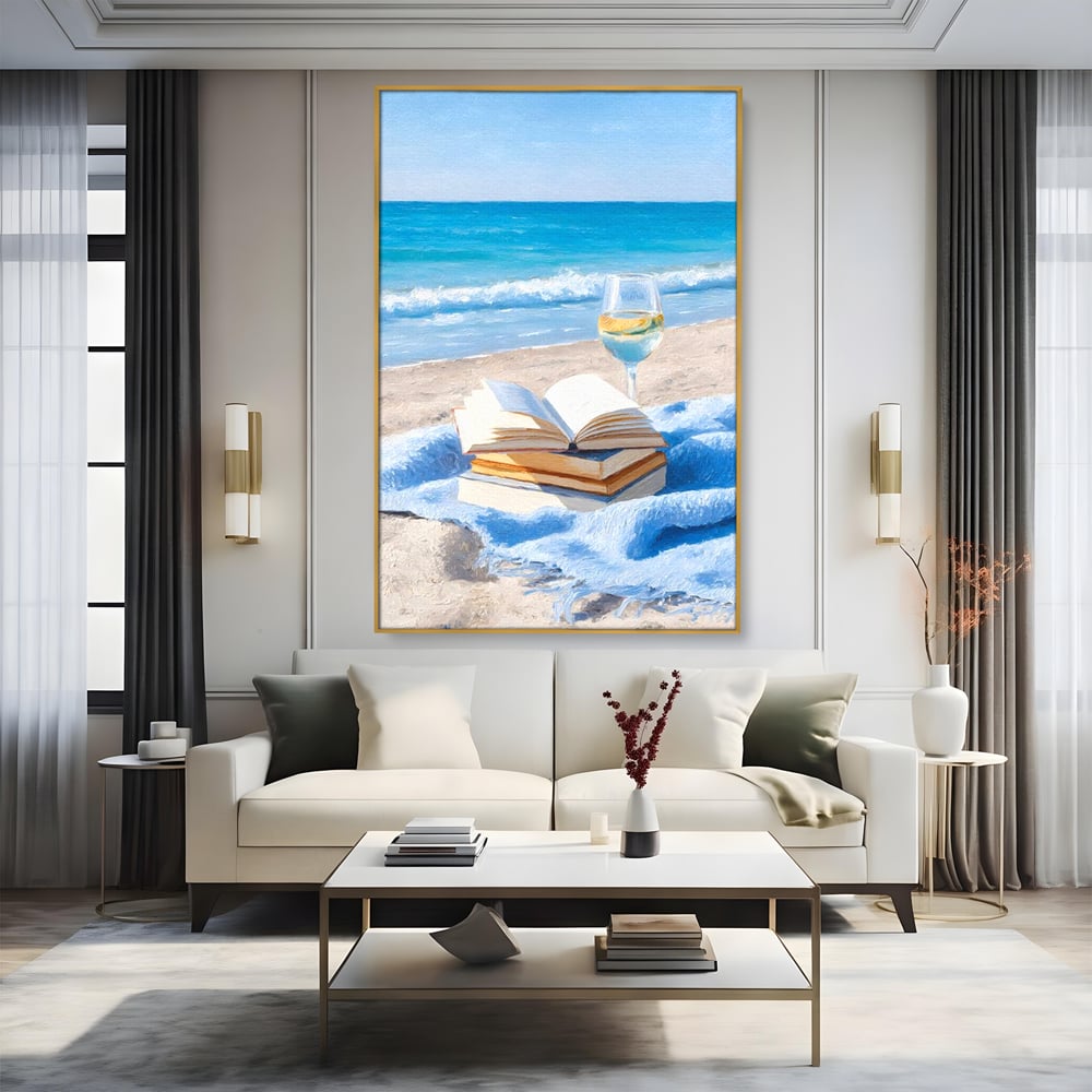 Tablou Canvas Premium, LuxCanva® N1087, Lectura pe Valuri, Carti, Pagini, Nisip, Mare, Ocean, Plaja, Vin Alb, Relaxare, Vacanta, Bautura, Pub, Bar, Lounge, Restaurant, Bucatarie