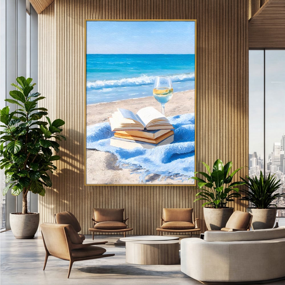 Tablou Canvas Premium, LuxCanva® N1087, Lectura pe Valuri, Carti, Pagini, Nisip, Mare, Ocean, Plaja, Vin Alb, Relaxare, Vacanta, Bautura, Pub, Bar, Lounge, Restaurant, Bucatarie