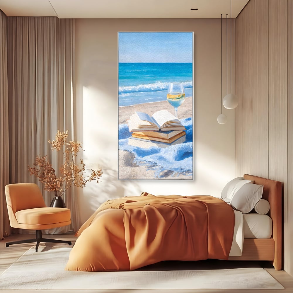 Tablou Canvas Premium, LuxCanva® N1087, Lectura pe Valuri, Carti, Pagini, Nisip, Mare, Ocean, Plaja, Vin Alb, Relaxare, Vacanta, Bautura, Pub, Bar, Lounge, Restaurant, Bucatarie