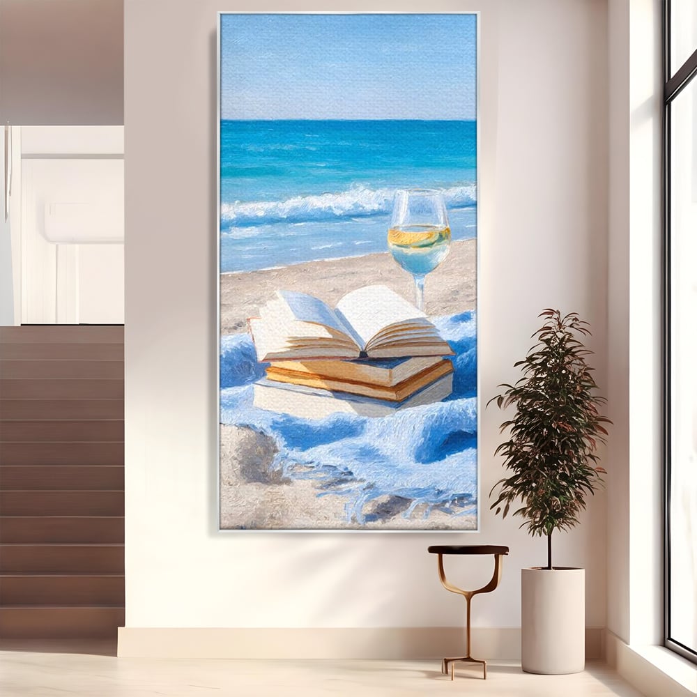 Tablou Canvas Premium, LuxCanva® N1087, Lectura pe Valuri, Carti, Pagini, Nisip, Mare, Ocean, Plaja, Vin Alb, Relaxare, Vacanta, Bautura, Pub, Bar, Lounge, Restaurant, Bucatarie