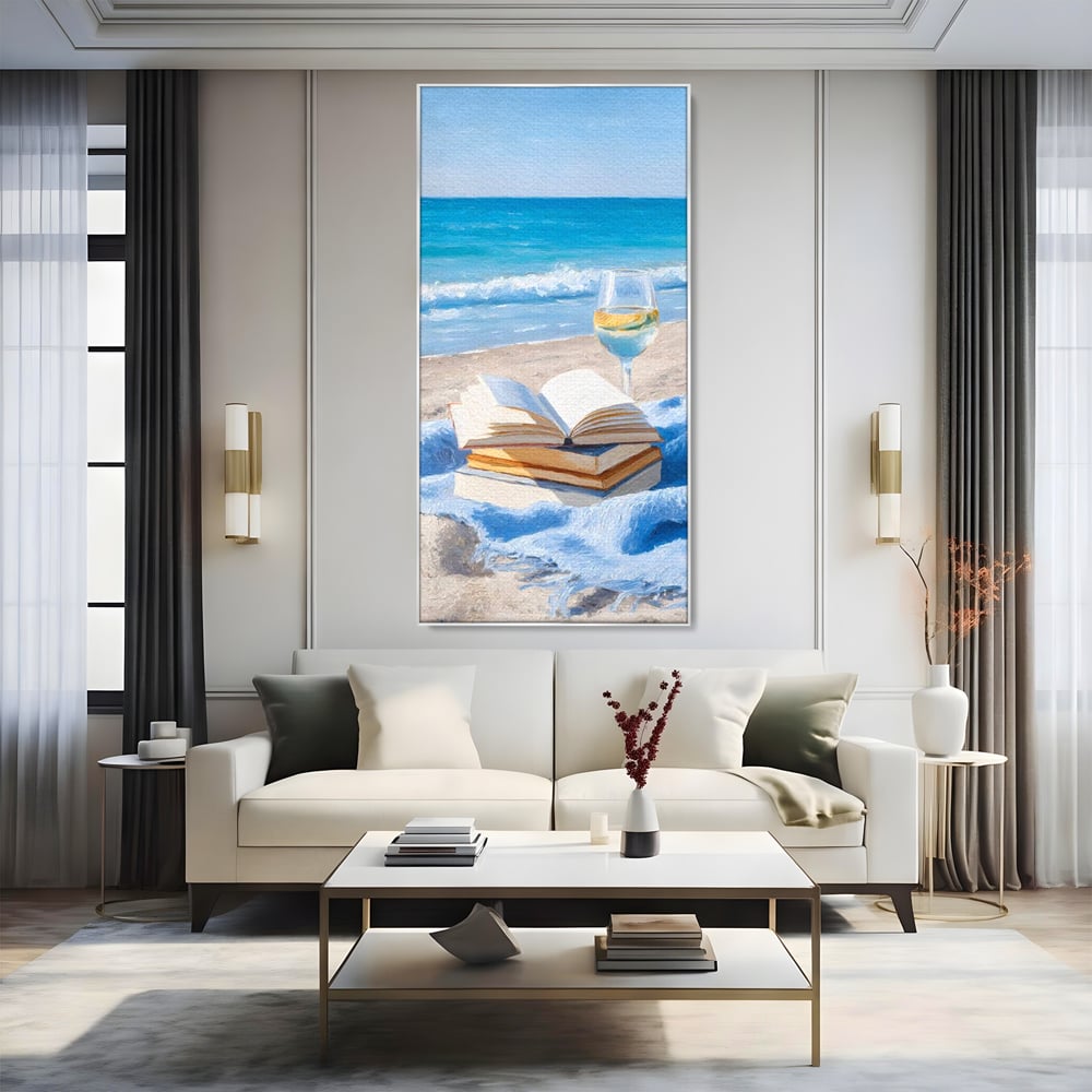 Tablou Canvas Premium, LuxCanva® N1087, Lectura pe Valuri, Carti, Pagini, Nisip, Mare, Ocean, Plaja, Vin Alb, Relaxare, Vacanta, Bautura, Pub, Bar, Lounge, Restaurant, Bucatarie