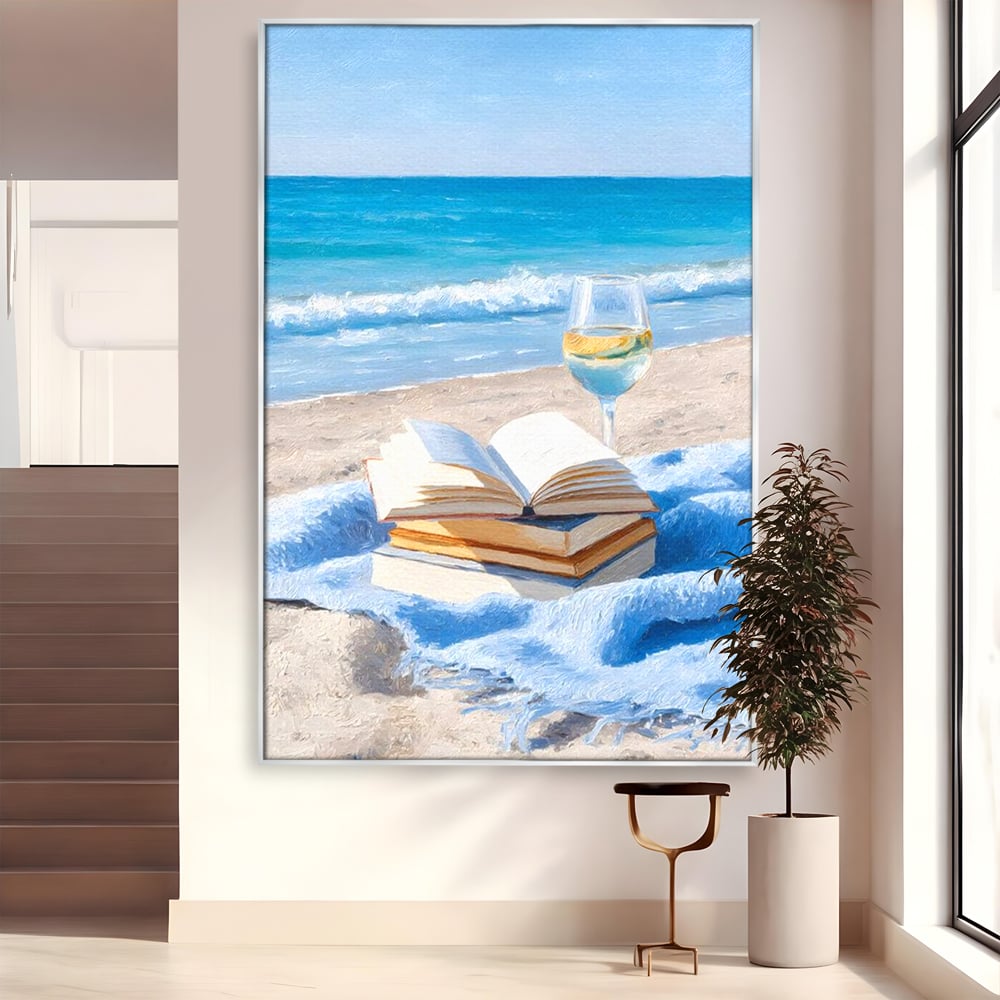 Tablou Canvas Premium, LuxCanva® N1087, Lectura pe Valuri, Carti, Pagini, Nisip, Mare, Ocean, Plaja, Vin Alb, Relaxare, Vacanta, Bautura, Pub, Bar, Lounge, Restaurant, Bucatarie