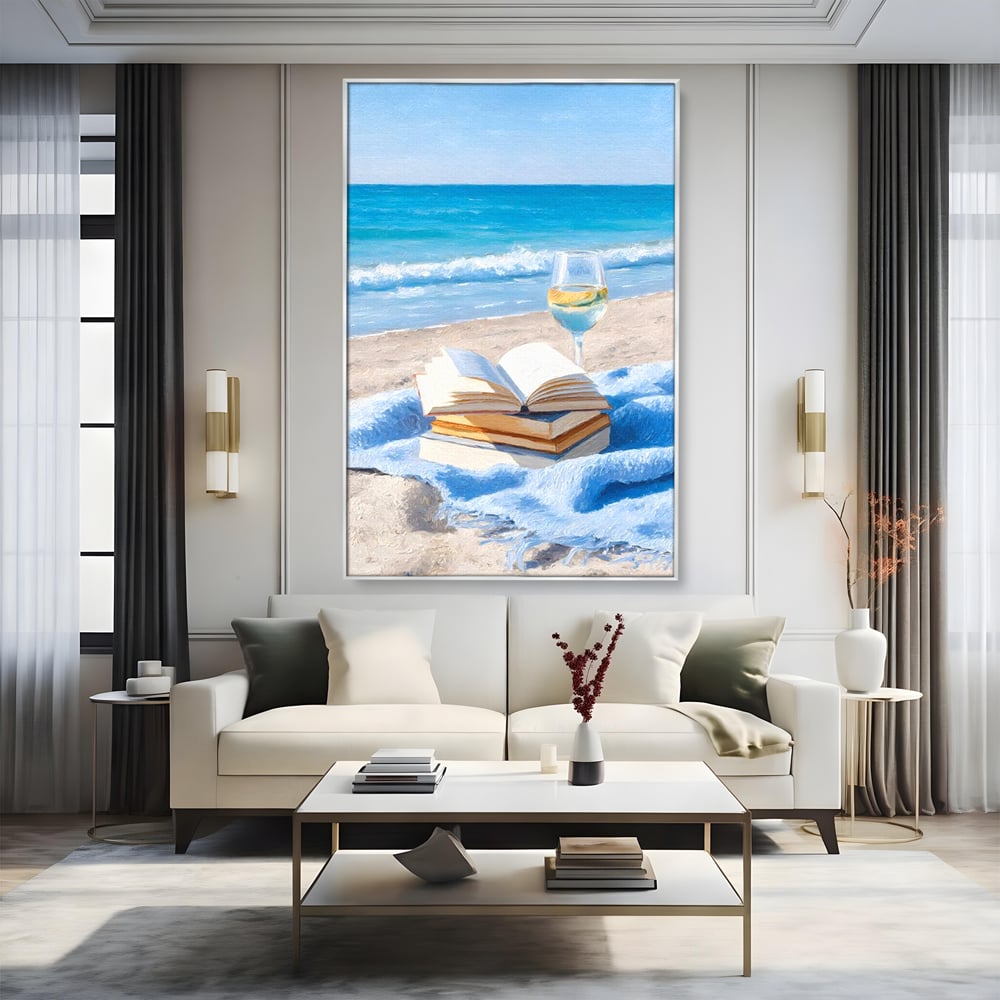 Tablou Canvas Premium, LuxCanva® N1087, Lectura pe Valuri, Carti, Pagini, Nisip, Mare, Ocean, Plaja, Vin Alb, Relaxare, Vacanta, Bautura, Pub, Bar, Lounge, Restaurant, Bucatarie