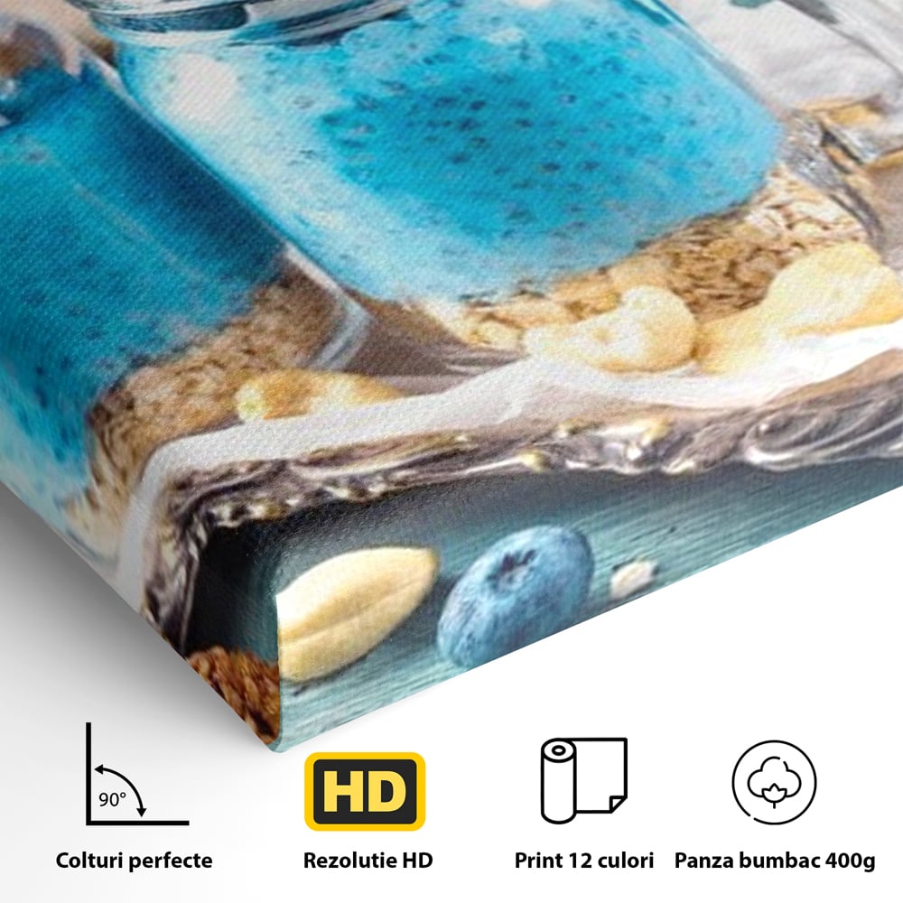 Leinwand Premium Canvas Wall Art, LuxCanva® N1089, Blue Harmony, Dessert, Heidelbeere, Blaubeere, Haselnuss, Erdnuss, Chia, süß, frisch, frisch, Genuss, gesund, Frühstück, Restaurant, Küche