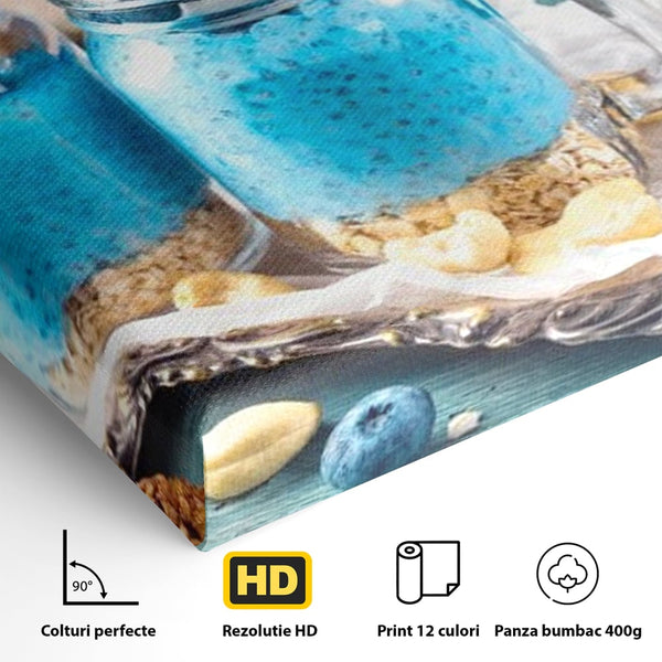 Leinwand Premium Canvas Wall Art, LuxCanva® N1089, Blue Harmony, Dessert, Heidelbeere, Blaubeere, Haselnuss, Erdnuss, Chia, süß, frisch, frisch, Genuss, gesund, Frühstück, Restaurant, Küche
