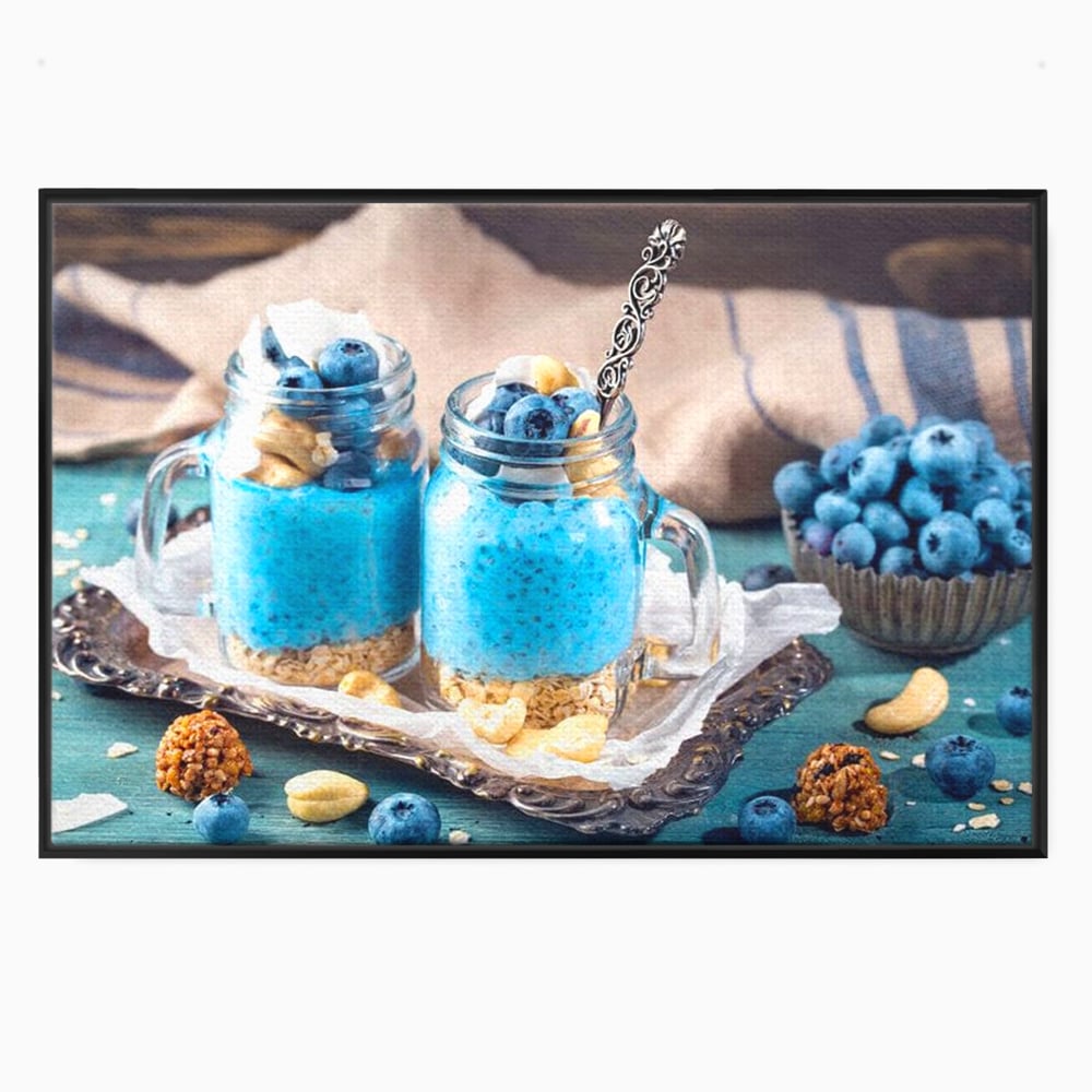 Leinwand Premium Canvas Wall Art, LuxCanva® N1089, Blue Harmony, Dessert, Heidelbeere, Blaubeere, Haselnuss, Erdnuss, Chia, süß, frisch, frisch, Genuss, gesund, Frühstück, Restaurant, Küche