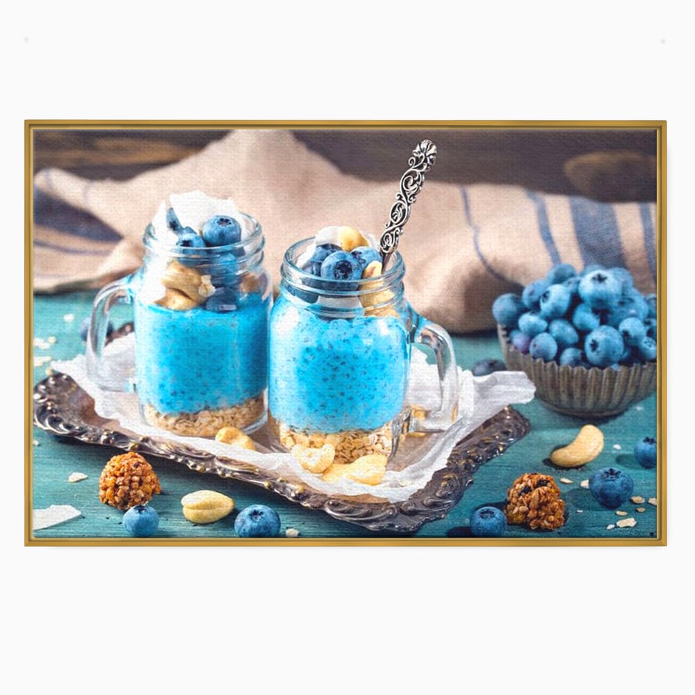 Leinwand Premium Canvas Wall Art, LuxCanva® N1089, Blue Harmony, Dessert, Heidelbeere, Blaubeere, Haselnuss, Erdnuss, Chia, süß, frisch, frisch, Genuss, gesund, Frühstück, Restaurant, Küche