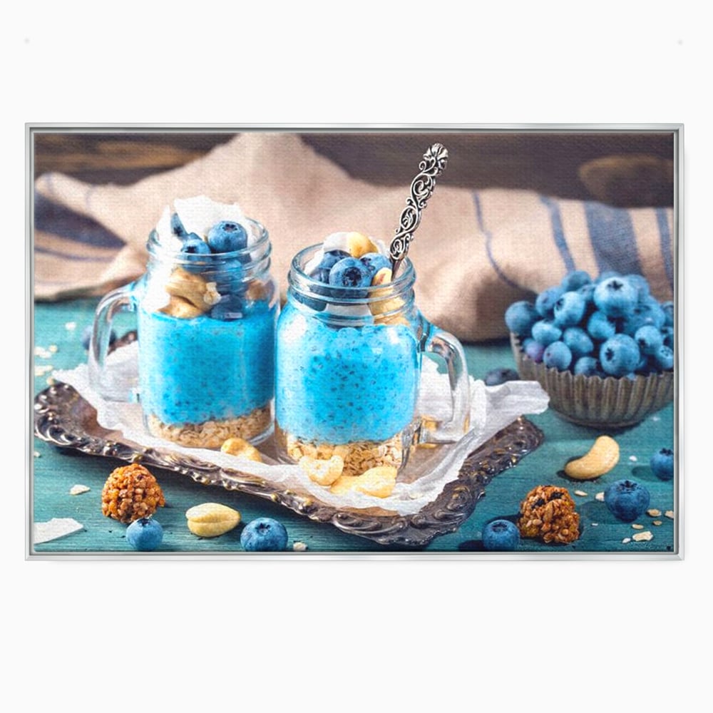 Leinwand Premium Canvas Wall Art, LuxCanva® N1089, Blue Harmony, Dessert, Heidelbeere, Blaubeere, Haselnuss, Erdnuss, Chia, süß, frisch, frisch, Genuss, gesund, Frühstück, Restaurant, Küche