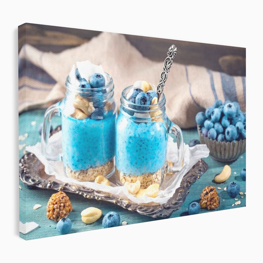 Leinwand Premium Canvas Wall Art, LuxCanva® N1089, Blue Harmony, Dessert, Heidelbeere, Blaubeere, Haselnuss, Erdnuss, Chia, süß, frisch, frisch, Genuss, gesund, Frühstück, Restaurant, Küche