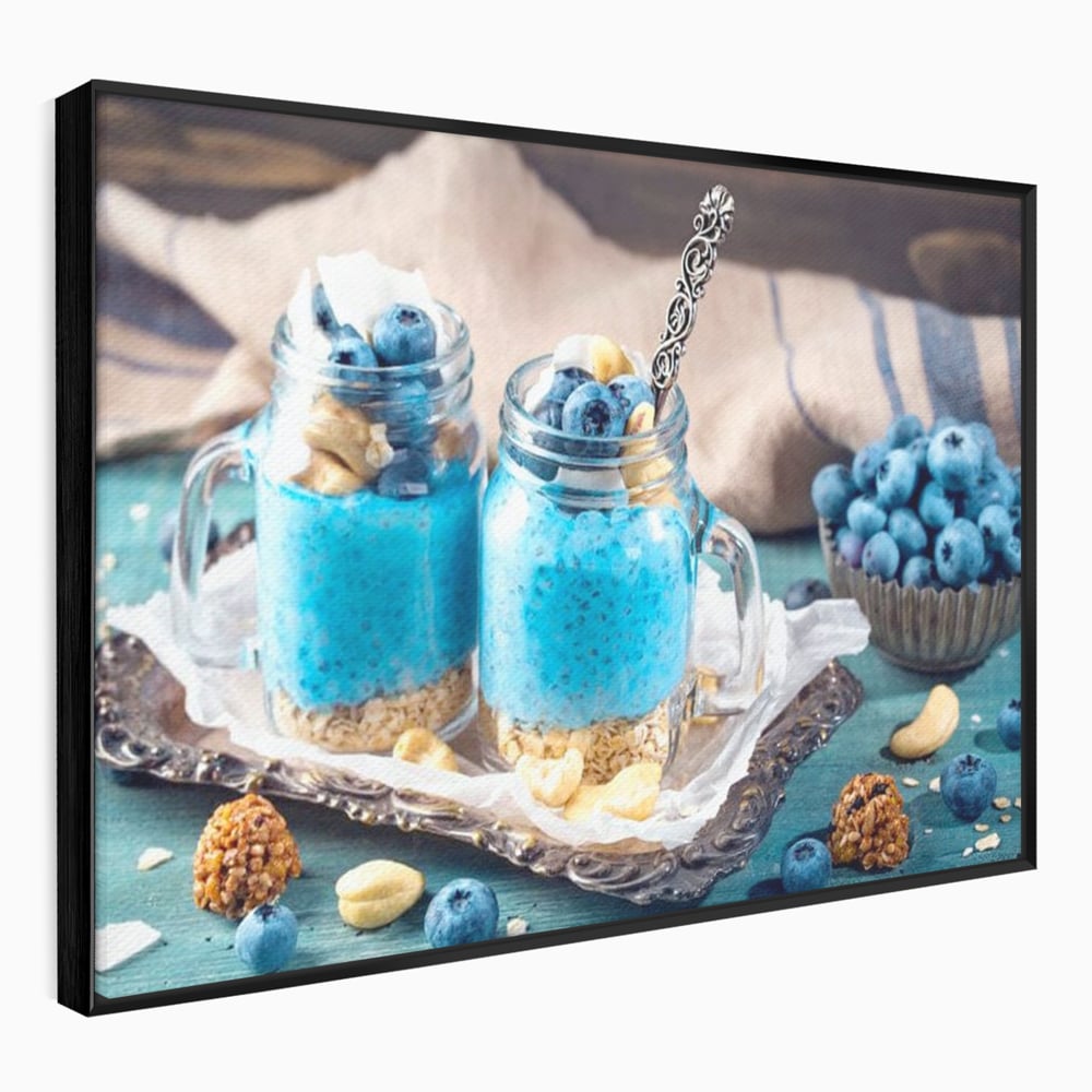 Leinwand Premium Canvas Wall Art, LuxCanva® N1089, Blue Harmony, Dessert, Heidelbeere, Blaubeere, Haselnuss, Erdnuss, Chia, süß, frisch, frisch, Genuss, gesund, Frühstück, Restaurant, Küche