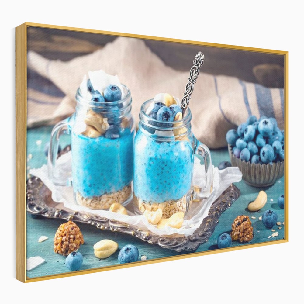 Leinwand Premium Canvas Wall Art, LuxCanva® N1089, Blue Harmony, Dessert, Heidelbeere, Blaubeere, Haselnuss, Erdnuss, Chia, süß, frisch, frisch, Genuss, gesund, Frühstück, Restaurant, Küche