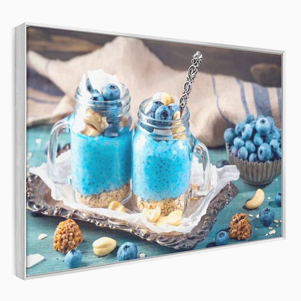 Leinwand Premium Canvas Wall Art, LuxCanva® N1089, Blue Harmony, Dessert, Heidelbeere, Blaubeere, Haselnuss, Erdnuss, Chia, süß, frisch, frisch, Genuss, gesund, Frühstück, Restaurant, Küche