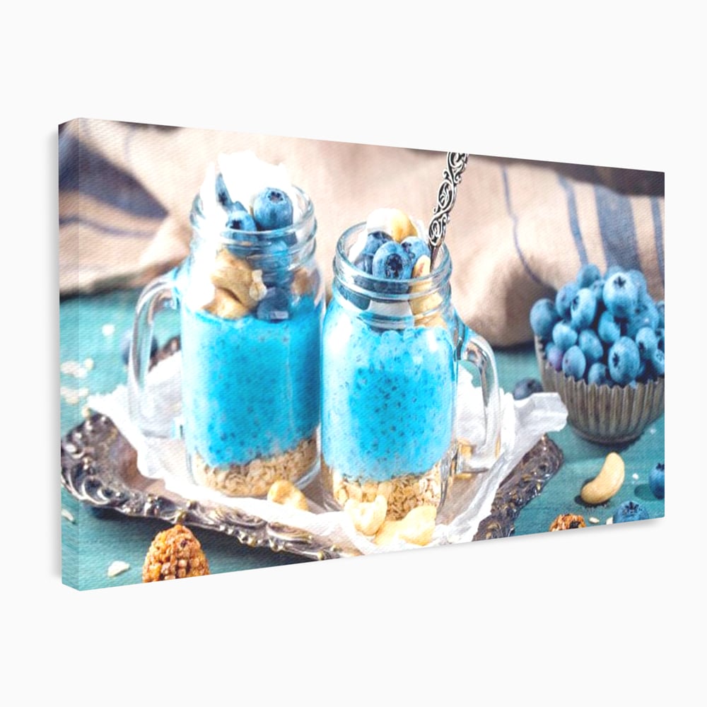 Leinwand Premium Canvas Wall Art, LuxCanva® N1089, Blue Harmony, Dessert, Heidelbeere, Blaubeere, Haselnuss, Erdnuss, Chia, süß, frisch, frisch, Genuss, gesund, Frühstück, Restaurant, Küche