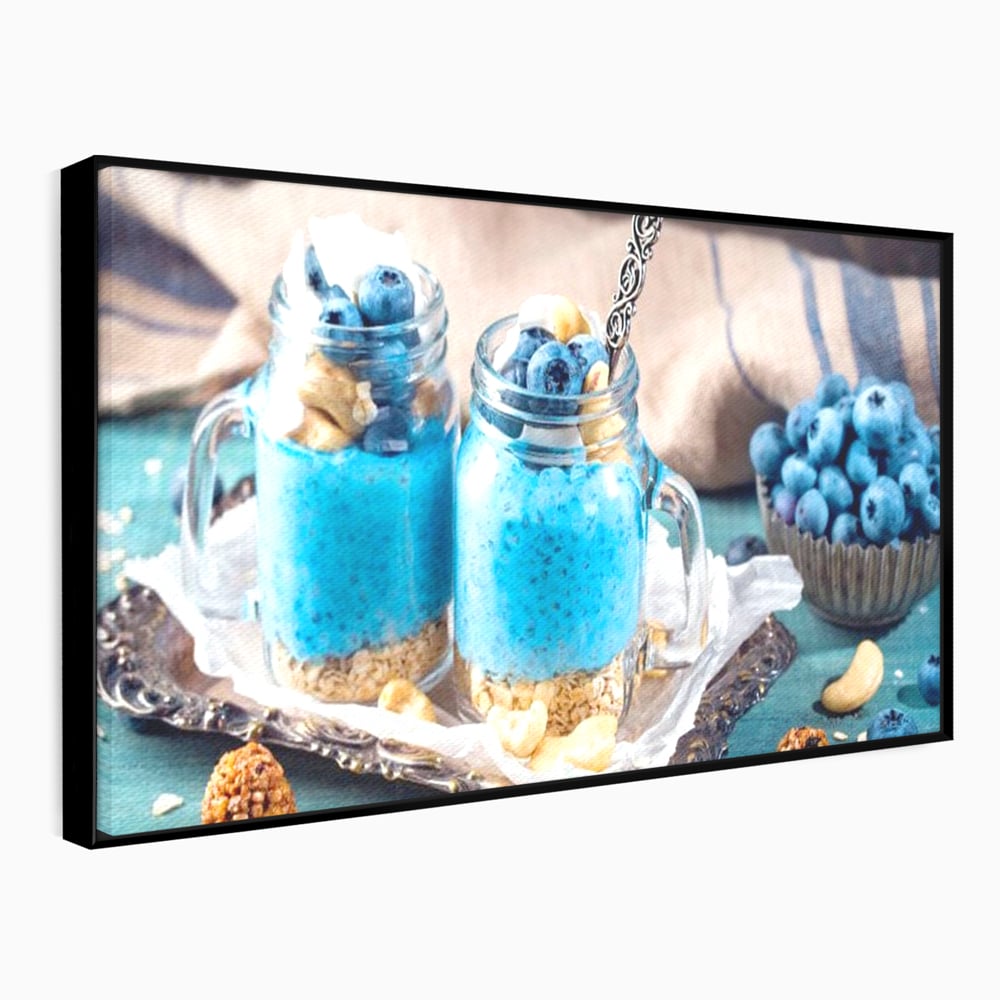 Leinwand Premium Canvas Wall Art, LuxCanva® N1089, Blue Harmony, Dessert, Heidelbeere, Blaubeere, Haselnuss, Erdnuss, Chia, süß, frisch, frisch, Genuss, gesund, Frühstück, Restaurant, Küche
