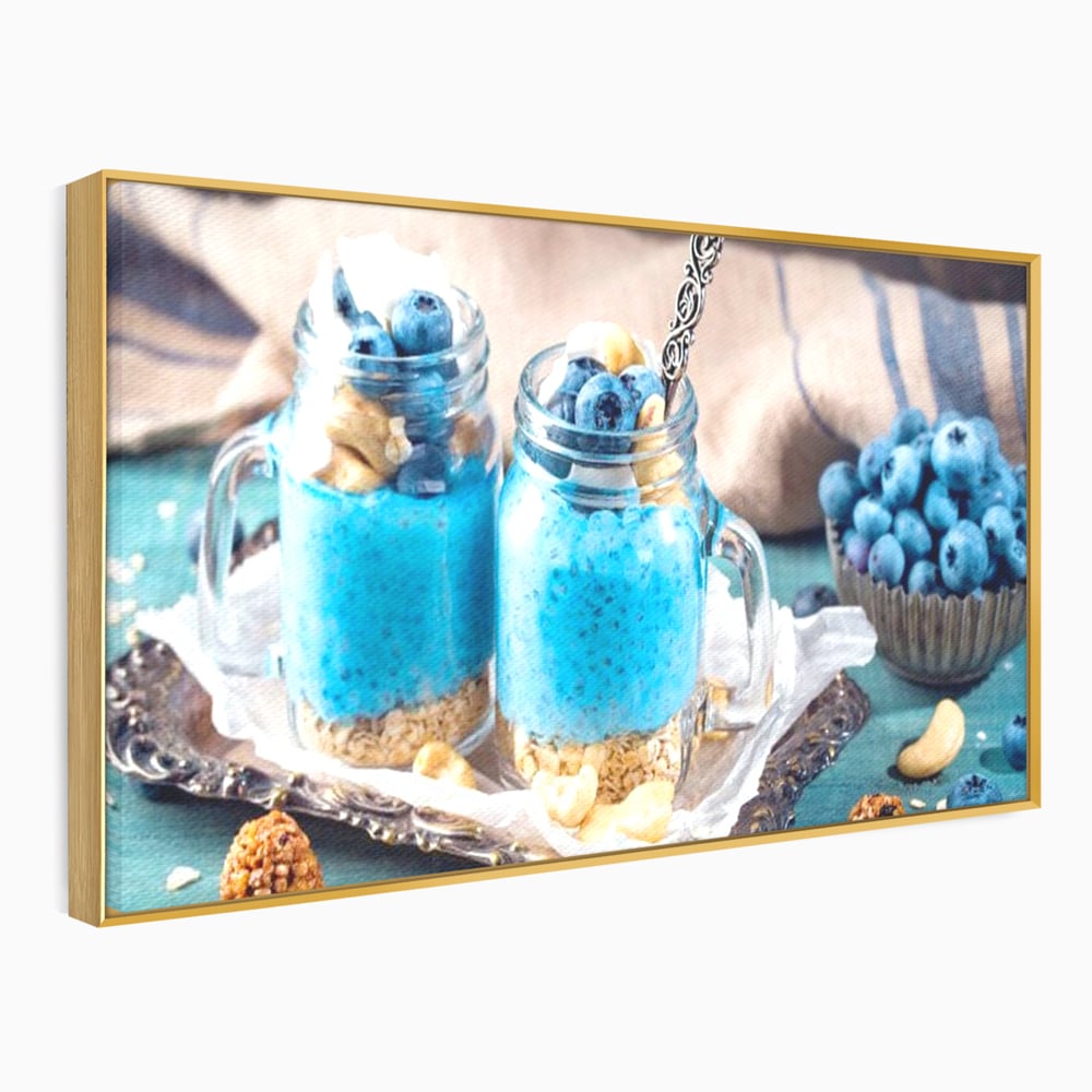 Leinwand Premium Canvas Wall Art, LuxCanva® N1089, Blue Harmony, Dessert, Heidelbeere, Blaubeere, Haselnuss, Erdnuss, Chia, süß, frisch, frisch, Genuss, gesund, Frühstück, Restaurant, Küche