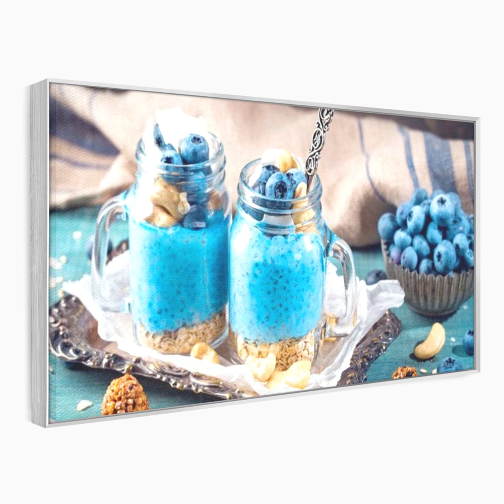 Leinwand Premium Canvas Wall Art, LuxCanva® N1089, Blue Harmony, Dessert, Heidelbeere, Blaubeere, Haselnuss, Erdnuss, Chia, süß, frisch, frisch, Genuss, gesund, Frühstück, Restaurant, Küche