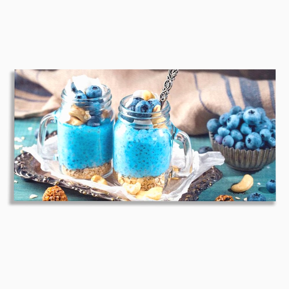 Leinwand Premium Canvas Wall Art, LuxCanva® N1089, Blue Harmony, Dessert, Heidelbeere, Blaubeere, Haselnuss, Erdnuss, Chia, süß, frisch, frisch, Genuss, gesund, Frühstück, Restaurant, Küche