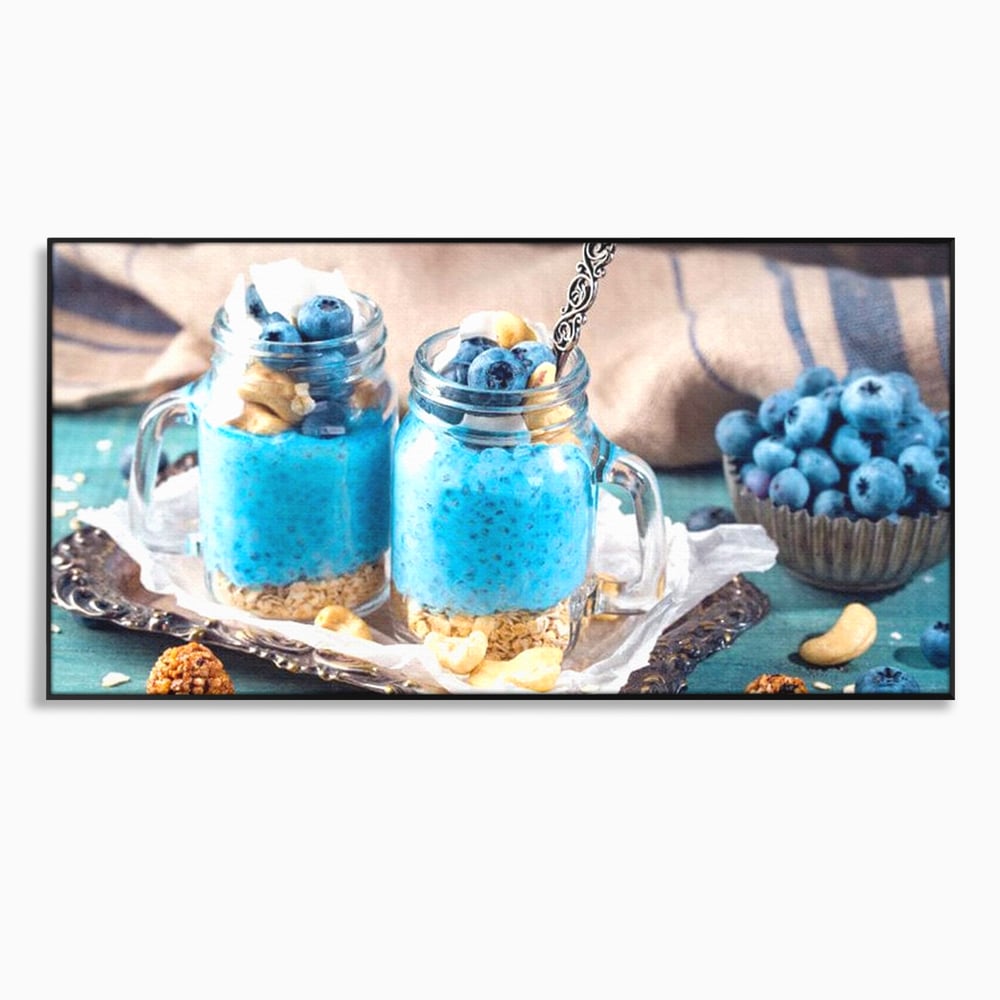 Leinwand Premium Canvas Wall Art, LuxCanva® N1089, Blue Harmony, Dessert, Heidelbeere, Blaubeere, Haselnuss, Erdnuss, Chia, süß, frisch, frisch, Genuss, gesund, Frühstück, Restaurant, Küche