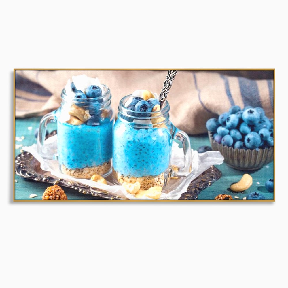 Leinwand Premium Canvas Wall Art, LuxCanva® N1089, Blue Harmony, Dessert, Heidelbeere, Blaubeere, Haselnuss, Erdnuss, Chia, süß, frisch, frisch, Genuss, gesund, Frühstück, Restaurant, Küche