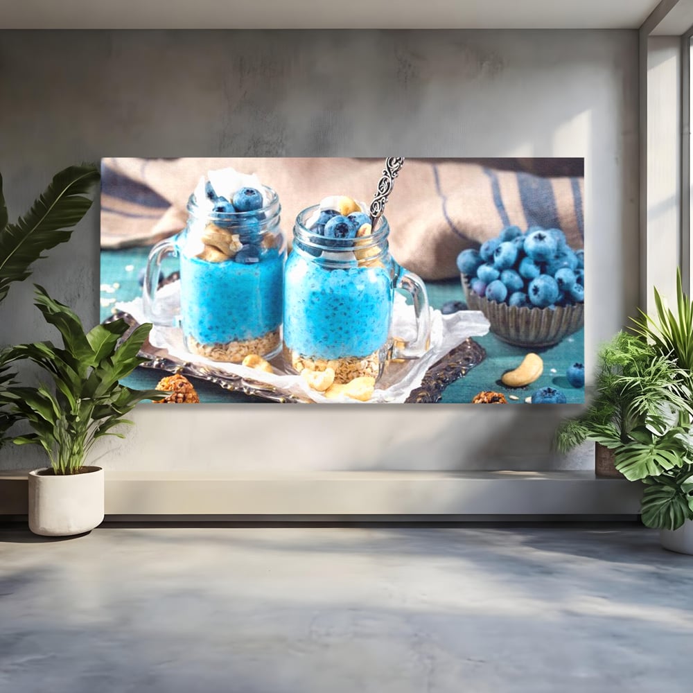 Leinwand Premium Canvas Wall Art, LuxCanva® N1089, Blue Harmony, Dessert, Heidelbeere, Blaubeere, Haselnuss, Erdnuss, Chia, süß, frisch, frisch, Genuss, gesund, Frühstück, Restaurant, Küche