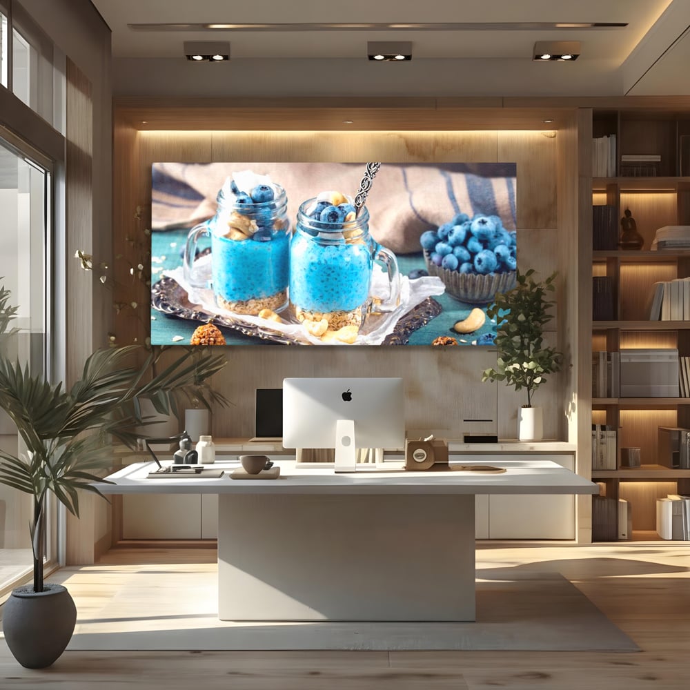 Leinwand Premium Canvas Wall Art, LuxCanva® N1089, Blue Harmony, Dessert, Heidelbeere, Blaubeere, Haselnuss, Erdnuss, Chia, süß, frisch, frisch, Genuss, gesund, Frühstück, Restaurant, Küche