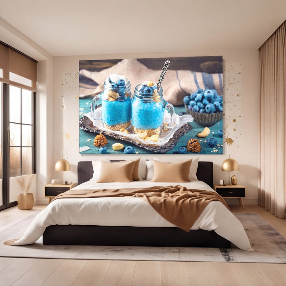 Leinwand Premium Canvas Wall Art, LuxCanva® N1089, Blue Harmony, Dessert, Heidelbeere, Blaubeere, Haselnuss, Erdnuss, Chia, süß, frisch, frisch, Genuss, gesund, Frühstück, Restaurant, Küche