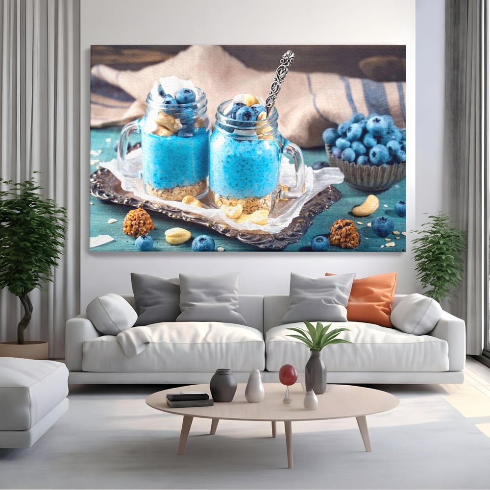 Leinwand Premium Canvas Wall Art, LuxCanva® N1089, Blue Harmony, Dessert, Heidelbeere, Blaubeere, Haselnuss, Erdnuss, Chia, süß, frisch, frisch, Genuss, gesund, Frühstück, Restaurant, Küche