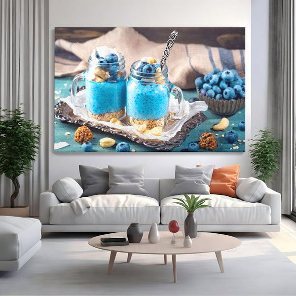 Leinwand Premium Canvas Wall Art, LuxCanva® N1089, Blue Harmony, Dessert, Heidelbeere, Blaubeere, Haselnuss, Erdnuss, Chia, süß, frisch, frisch, Genuss, gesund, Frühstück, Restaurant, Küche