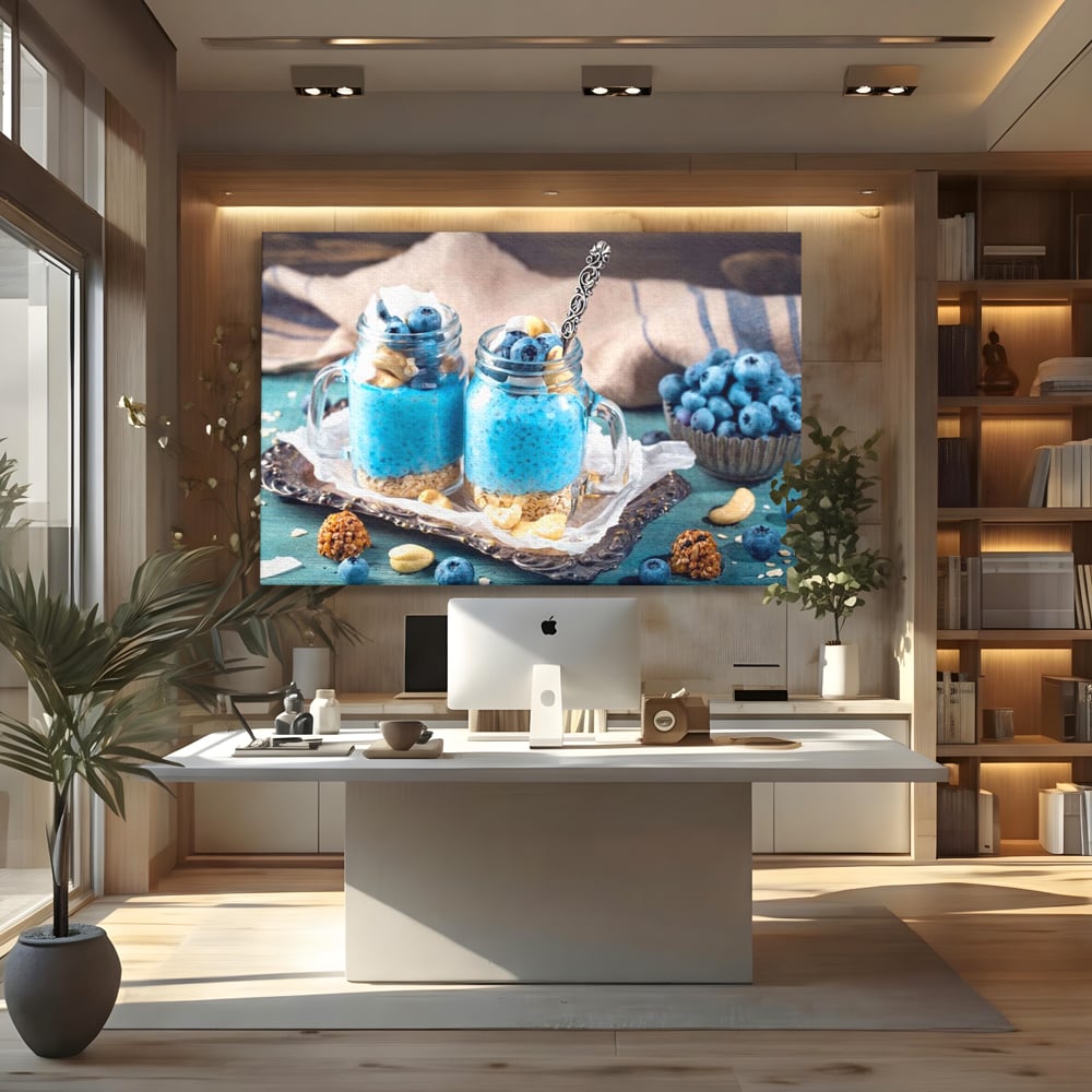 Leinwand Premium Canvas Wall Art, LuxCanva® N1089, Blue Harmony, Dessert, Heidelbeere, Blaubeere, Haselnuss, Erdnuss, Chia, süß, frisch, frisch, Genuss, gesund, Frühstück, Restaurant, Küche